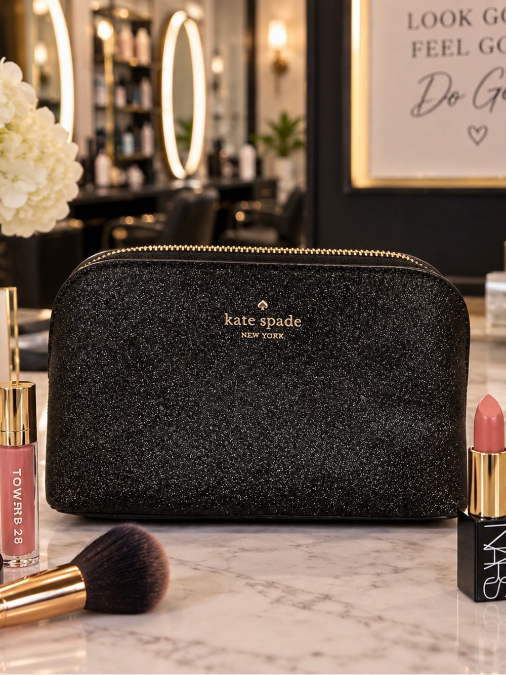 kate spade Black Glitter Cosmetic Pouch with Gold-Tone Logo